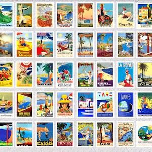 Set van 50 gerestaureerde ansichtkaarten van de Franse Rivièra | Vintage resort-reisposterpakket | Côte d'Azur-decoratie