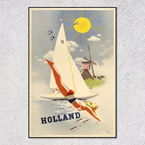 affiche de voyage vintage hollandaise - oeuvre d'art bateau et soleil rétro - impression classique des Pays-Bas - décoration murale nautique