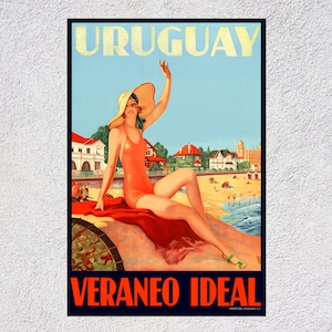 Vintage Uruguay-posters & prenten Retro reisposter toont een mooie vrouw op het strand in Uruguay afbeelding 1