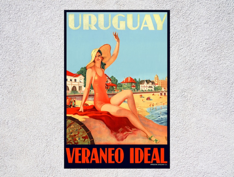 Vintage Uruguay-posters & prenten Retro reisposter toont een mooie vrouw op het strand in Uruguay afbeelding 1