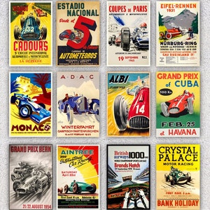 Lot de 12 cartes postales de course restaurées | Pack de réimpression d'affiches de sport vintage | Décoration rétro sport automobile