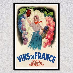 Póster vintage de Vins De France 1938: anuncio clásico de vino francés: decoración de pared de bistró retro