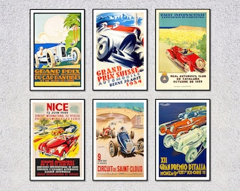 Set di 6 poster da rally sui circuiti europei / Arte murale storica sugli sport motoristici