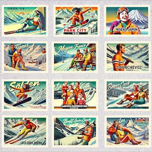 Jeu de cartes postales de station de ski | Cartes de paysage de montagne | Pack de réimpression de souvenirs de voyage d'hiver