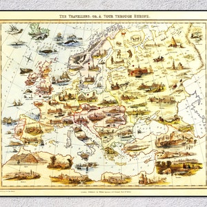 Mapa pictórico de Europa como tablero de juego (1842): ciudades, vida y fauna europeas: arte mural vintage