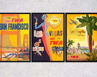 Vintage TWA Airlines Poster | United States Travel Ads  | Retro Style Travel Print | Set of 3