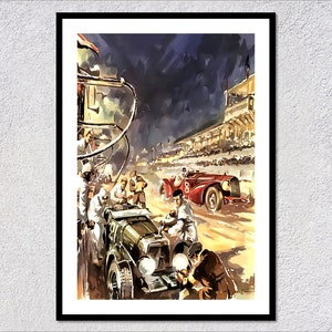 1932 French Racing Pit Stop Poster Reproduction | Vintage Grandstand Night Scene | Retro Auto Print