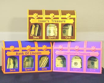 Personalized Treasure Chest Piggy Bank – Save, Spend, Give Compartments