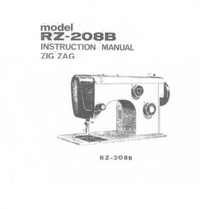 May include: Black and white illustration of a sewing machine with the text "model RZ-208B INSTRUCTION MANUAL ZIG ZAG RZ-208B" below the image.