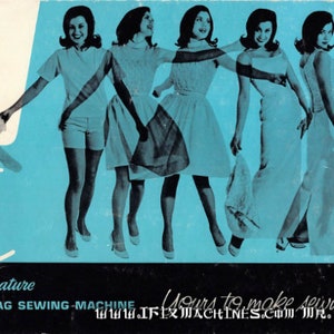 May include: A vintage advertisement for a Signature Zigzag Sewing Machine. The ad features five women in various poses, wearing different outfits, and holding fabric. The text on the ad reads "Signature Zigzag Sewing Machine - Yours to make sewing easier".