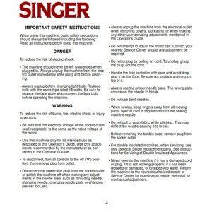 May include: A Singer sewing machine instruction manual with safety precautions and warnings. The manual includes information on electrical safety, proper use, and maintenance.