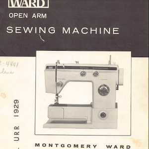 May include: A black and white image of a white sewing machine with a black needle and thread. The machine has a black foot pedal and a black power cord. The machine is labelled "Montgomery Ward" and "Del URR 1929".
