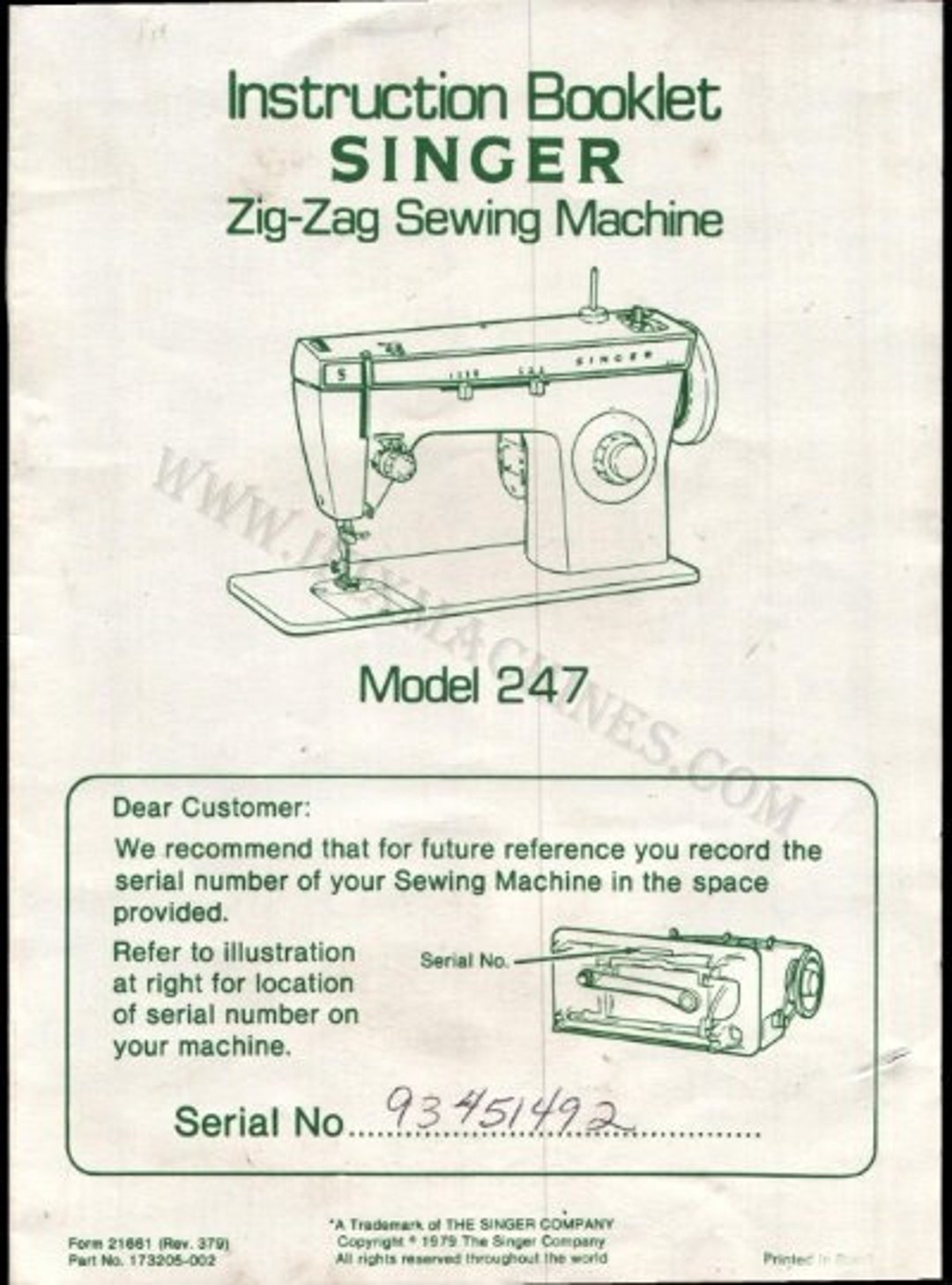 Singer Sewing Machine 247, Instant Download, PDF Format, SR