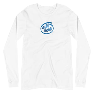 Puede incluir: Camiseta blanca de manga larga con un logotipo azul que dice "digital inside" en un círculo.