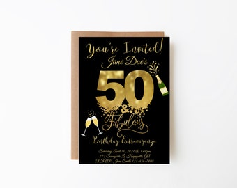 May include: Gold glitter 50th birthday party invitation with black background. The text reads "You're Invited! Jane Doe's 50 & Fabulous Birthday Extravaganza. Saturday, April 10, 2021 @ 1:00pm. 222 Sunnyside Ln Happyville, GA. RSVP: Jane Smith 123-456-7890"