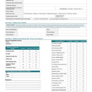 Op de afbeelding: Een wit formulier getiteld "URINE INITIAL DRUG SCREEN RESULT FORM" met secties voor monsterdetails, donorgegevens en testresultaten. Bevat een lijst met geteste drugs en ruimte voor handtekeningen.