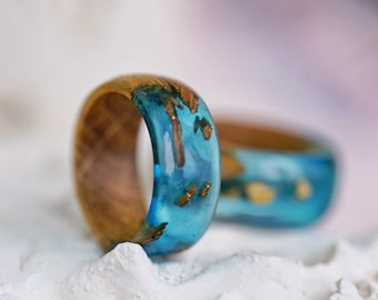 Wood Resin Ring, Marine Design, Blue Wooden Ring, Resin Wood Jewelry, Nature World Ring, Sea Style, Personalized Band Ring, Handmade Gift