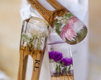 Personalized Hair Fork, Flowers Resin Wood Hairpin, For Long Hair, Terrarium Hair Sticks, Bun Holder, Hair Slide, Gift For Valentines Day