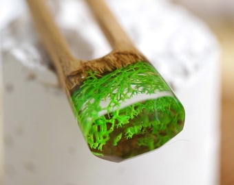 Green Personolized Wood Hair Fork, Terrarium Hair Stick, Wooden Hairpin, Jewelry Resin Hair Accessories, Custom Hair Slide, Christmas Gift