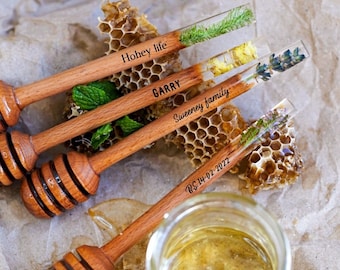 Louche à miel personnalisée avec fleurs, faveurs de miel, louches à miel en bois et résine, cadeau gravé pour mariage, meilleur cadeau pour Noël