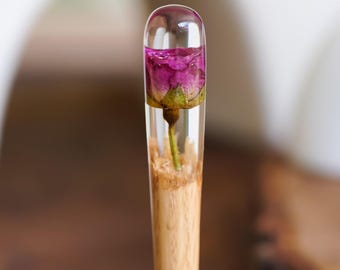 Rose Wood Hair Stick, Resin Wood Hair Pin, Real Flower Hair Fork, Unique Hair Accessories, Hair Sticks for Women, Christmas Gift for Girl
