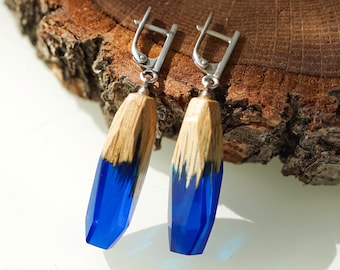 Blue Jewelry Set, Wood Resin Earrings Studs, Resin Ring, Wood Ring for Women, Earrings Dangle Silver, Resin Jewelry Set, Unique Gift