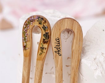 Personalized Hair Fork, Heather & Lavender Hair stick, Wooden Hairpin, Terrarium Bun Holder, Custom Hair Slide, Epoxy resin, Christmas Gift