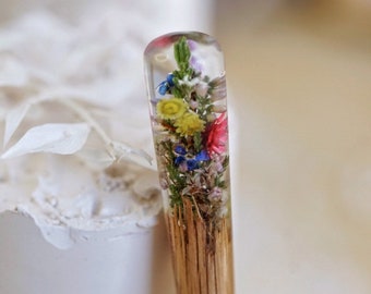 Hair Stick with Real Flowers, Personalized Hairpin, Wood Hair Accessories, Hairpin Bun Holders, Resin Hair Jewelry, Valentines Women Gift