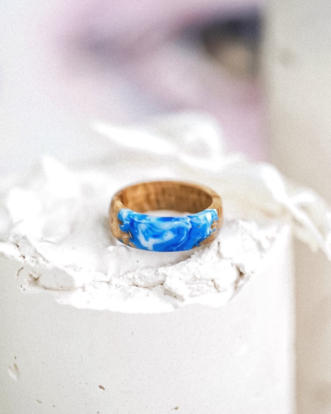 Ocean Wood Band Ring, Blue Wood Resin Ring, Resin Wood Jewelry
