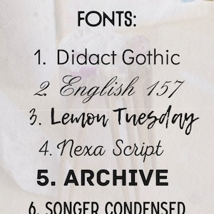 May include: A list of fonts with their names written in the respective font styles. The fonts listed are Didact Gothic, English 157, Lemon Tuesday, Nexa Script, ARCHIVE, and SONGER CONDENSED.