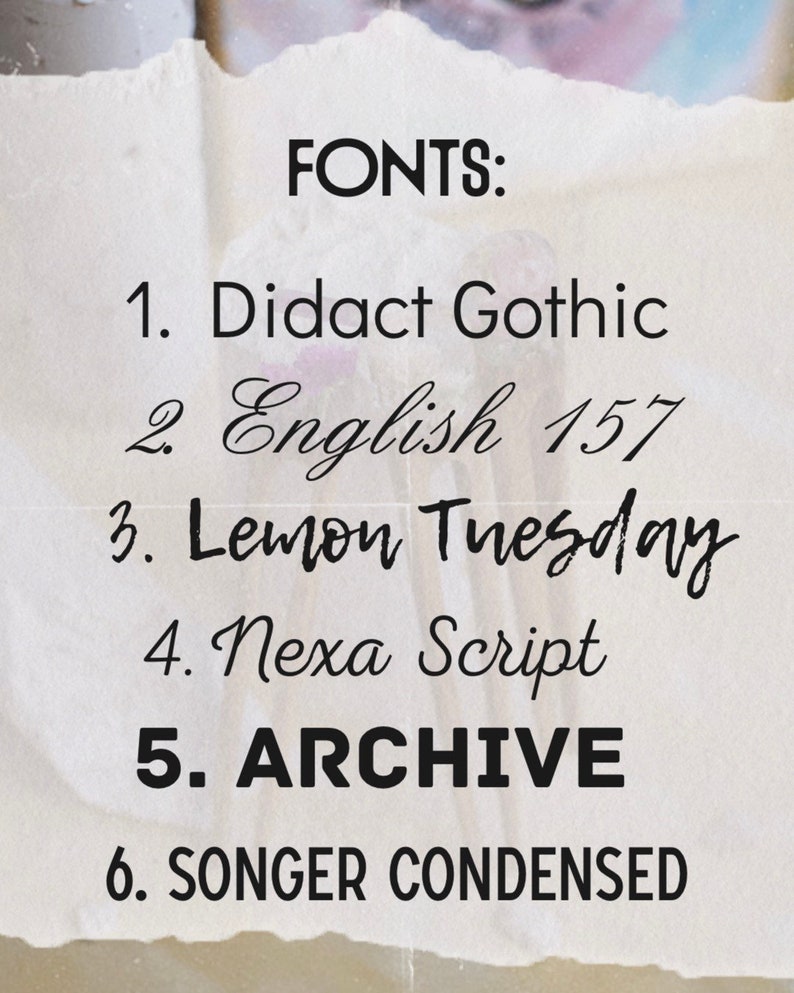 May include: A list of fonts with their names written in the respective font styles. The fonts listed are Didact Gothic, English 157, Lemon Tuesday, Nexa Script, ARCHIVE, and SONGER CONDENSED.