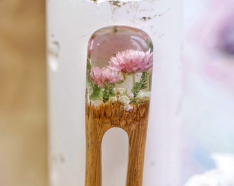 Hair Stick with Flowers, Personolized Hair Fork, Jewelry Resin Hair Pin, Wood Hair Clip, Bun Holder, Engraved Hair Slide, For Valentines Day