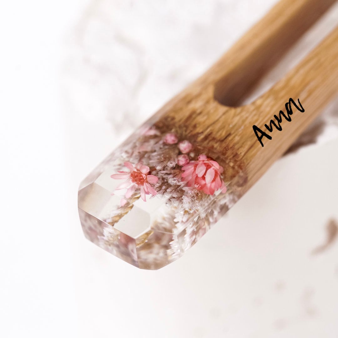 Hair Fork with Pink Flowers, Personolized Hair Stick, Resin Wood Hairpin, Terrarium Hair Sticks, Custom Hair Slide,  Gift For Christmas Day