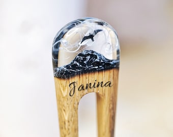 Wood Hair Fork, Mountain Style, Personalized Hair Stick, Epoxy Resin Hairpin, Accessories Long Hair, Bun Holder, Hair Slide, Christmas Gift
