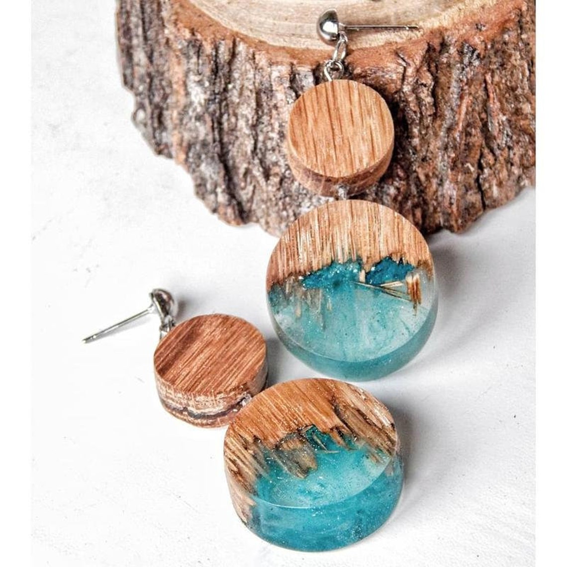 Round Wood Resin Earrings Blue Resin Earrings for Women Wood Etsy