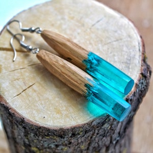 Blue Wood Dangle Earrings, Wooden Long Earrings, Resin Wood Earrings, Wood and Resin Jewelry, Wooden Drop Earrings, Gift for Women