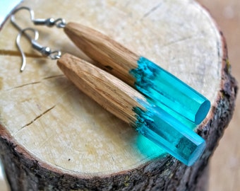 Pendientes colgantes de madera azul, pendientes largos de madera, pendientes de madera de resina, joyas de madera y resina, pendientes de gota de madera, regalo para mujeres