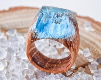 Ice Resin Wood Ring, Winter Wood Resin Jewelry, Blue Wooden Ring, Nature World Ring, Anniversary Gift