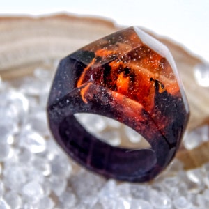 Fire Wood Resin Ring, Black Orange Wooden Ring, Eco Epoxy Resin Ring, Resin Wood Jewelry, Wooden Ring for Men, Terrarium Ring, Gift for Men