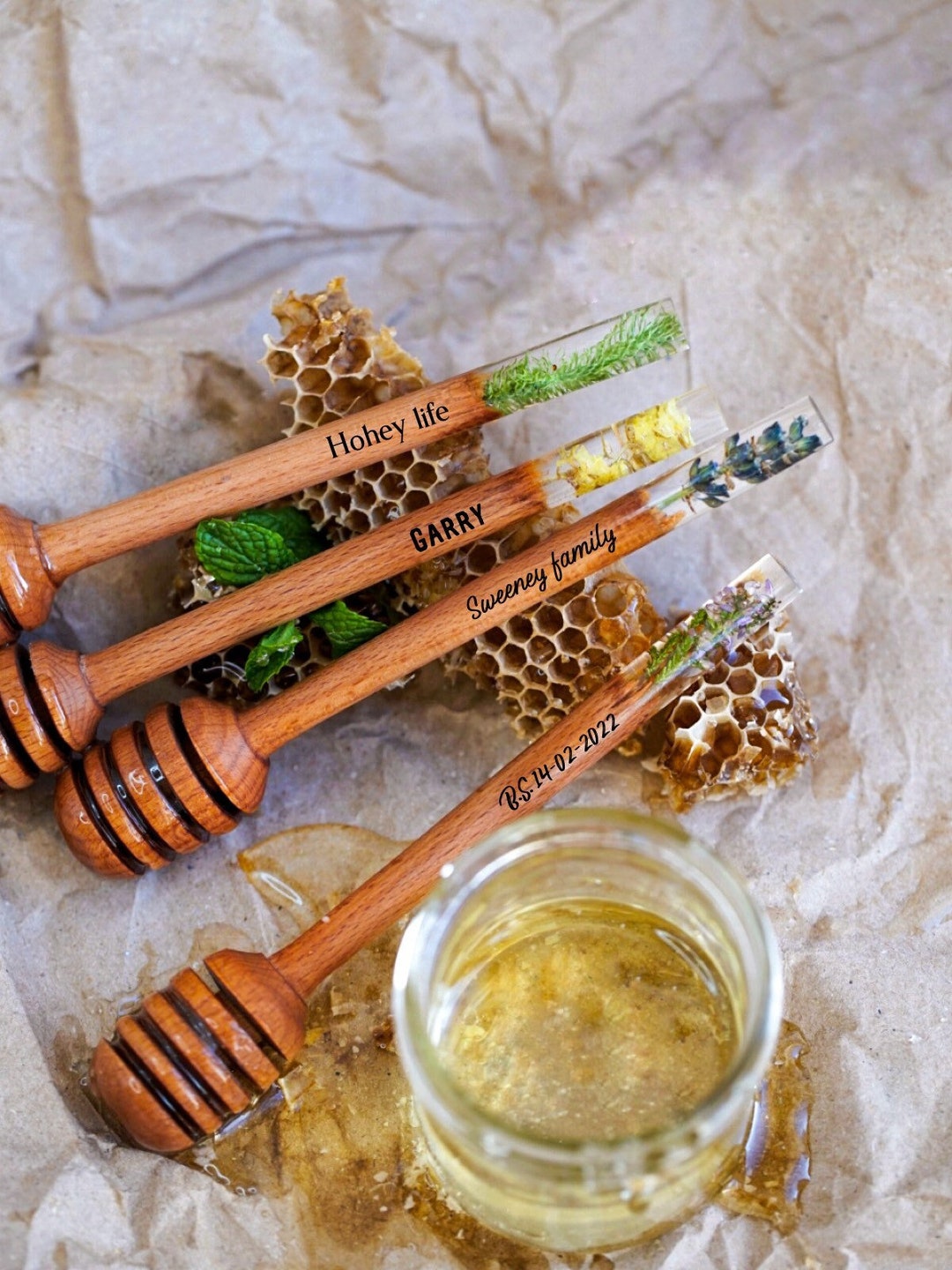 Personalized Honey Dipper With Flowers, Honey Favors, Resin Wooden