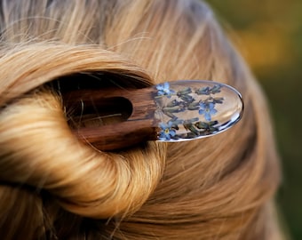 Custom Hair Fork, Forget me not Resin Hair Stick, 2 Prong Hair Fork, Terrarium Hair Stick, Brown Wooden Bun Holder, Valentines Hairpin Gift