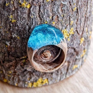 Magic Wolrd Resin Wood Ring, Blue World Resin Ring, Custom Wood Ring, Wood and Resin Jewelry, Handmade Jewelry, Fashion Resin Ring