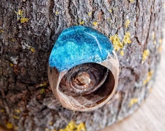 Magic Wolrd Resin Wood Ring, Blue World Resin Ring, Custom Wood Ring, Wood and Resin Jewelry, Handmade Jewelry, Fashion Resin Ring