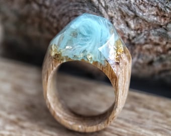 Sky Wood Ring, Mint Wooden Resin Ring, Resin Ring with Gold Leaf Inside, Wood Ring for Women, Resin Jewelry, Unique Gift