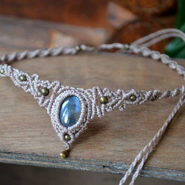 Macrame Choker Labradorite,Choker Labradorite,Necklace Labradorite,Tiara,Macrame Necklace,Boho,hippie,Festival,Tribal,Middle Ages,Moonstone