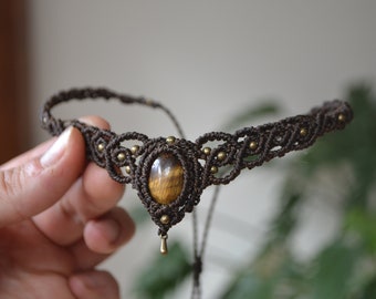 Macrame necklace tiger eye, tiger eye choker, macrame necklace, gothic, festival jewelry, elf necklace, boho choker, hippie, bollywood, medieval