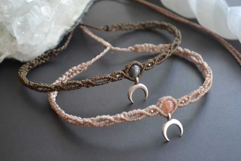 Choker necklace MOON DANCE with gemstone, moon pendant, choker macrame, macrame necklace moon, boho choker, gothic necklace, moon necklace, moonstone image 1