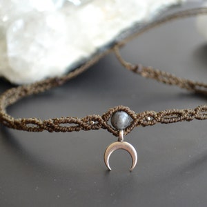 Choker necklace MOON DANCE with gemstone, moon pendant, choker macrame, macrame necklace moon, boho choker, gothic necklace, moon necklace, moonstone dark olive