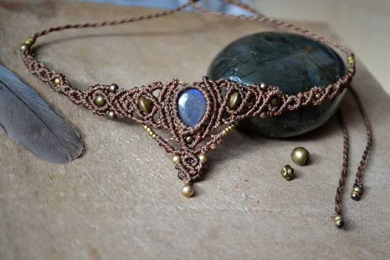Macrame Choker Labradorite,Necklace Labradorite Macrame,Gipsy,Tiara,Macrame Necklace,boho,hippie,Festival,tribal,Medieval,Moonstone