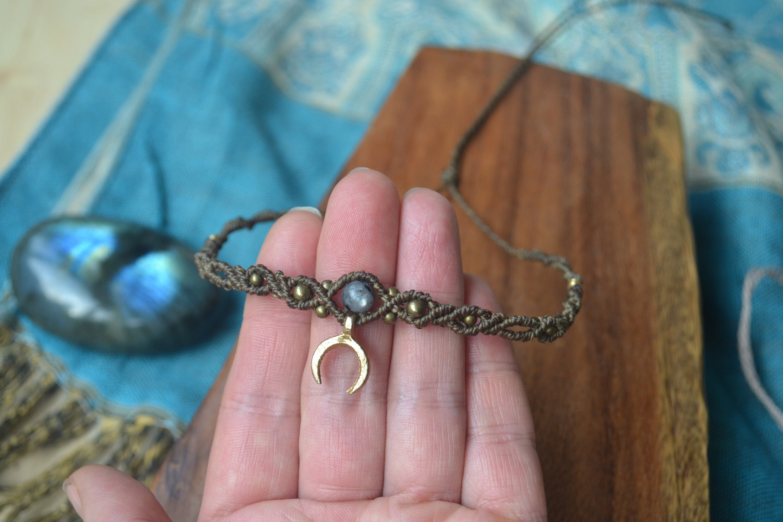 Makramee Choker Mond,Choker Makramee Edelstein,Kette Macrame Mond,Tiara,Makramee kette witchy,boho Choker,tribal,Mittelalter,Labradorit